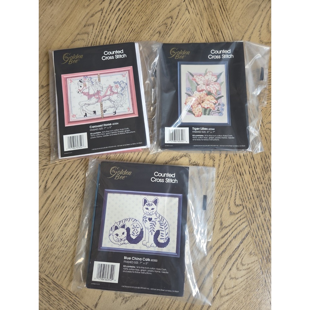 Vintage Golden Bee Counted Cross Stitch Kits New Lot Of 3 Tiger Lilies Cats
